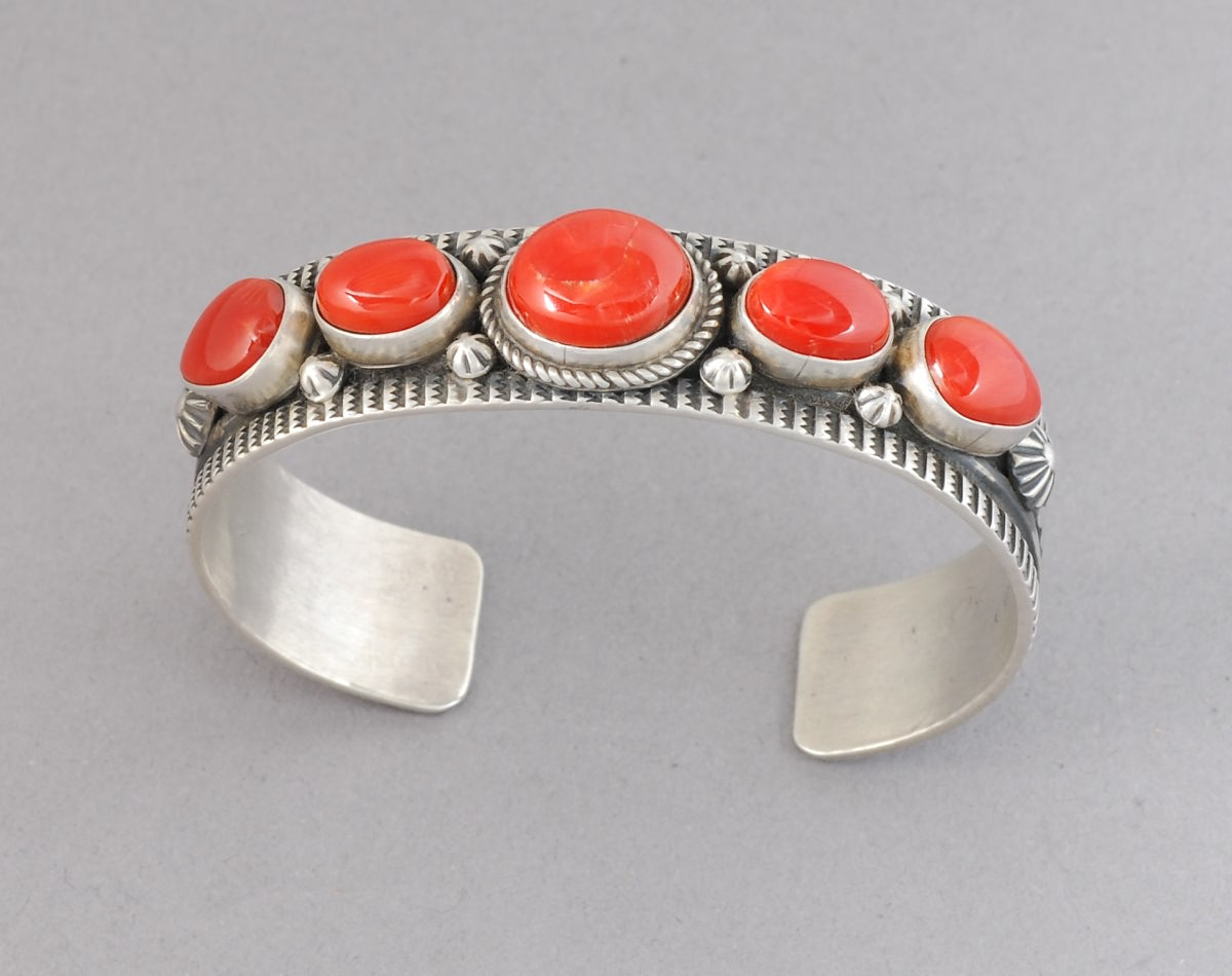 Cuff Bracelet with Red Coral by Albert Jake (Navajo)