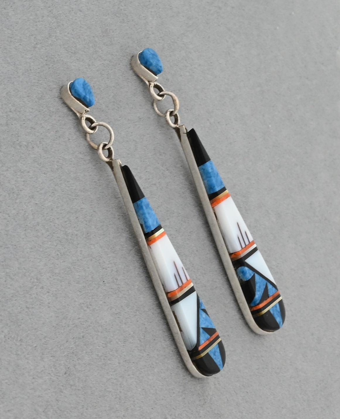 Earrings with Long Inlay Dangles by L. Fernandez