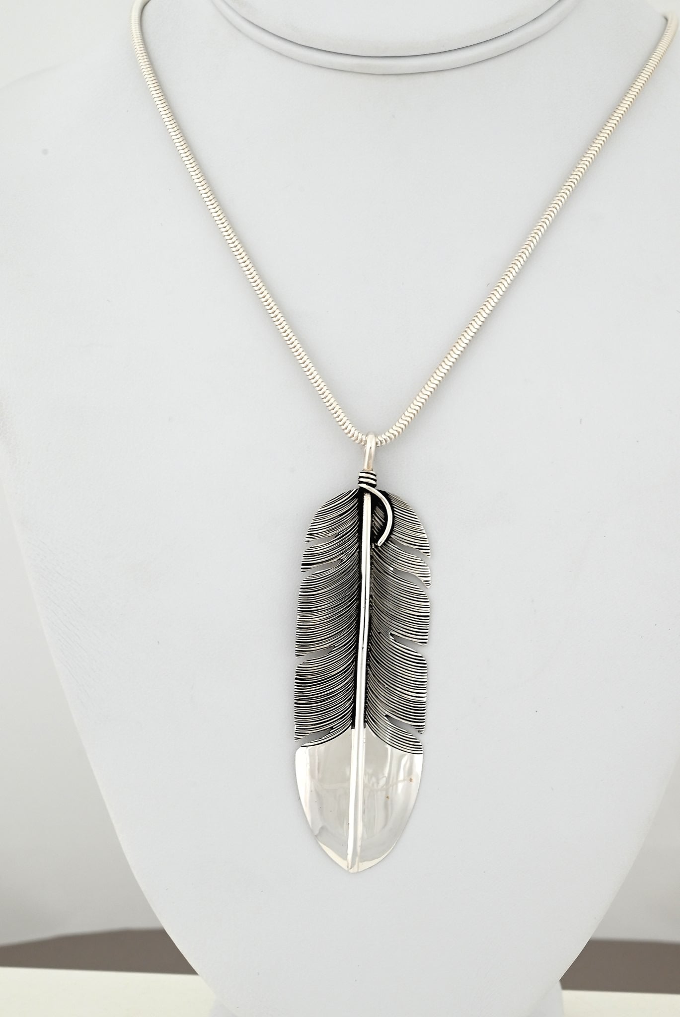 Pendant, Large Sterling Silver Feather by Lena Platero