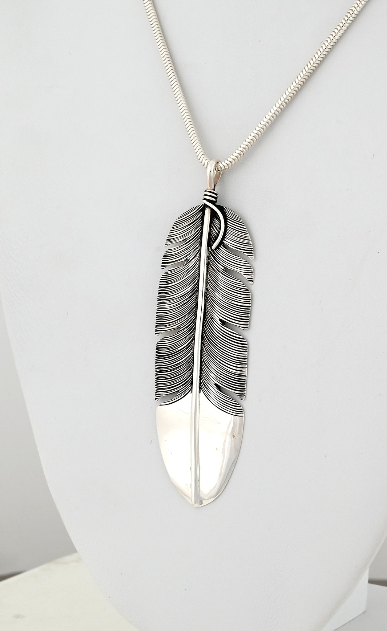 Pendant, Large Sterling Silver Feather by Lena Platero