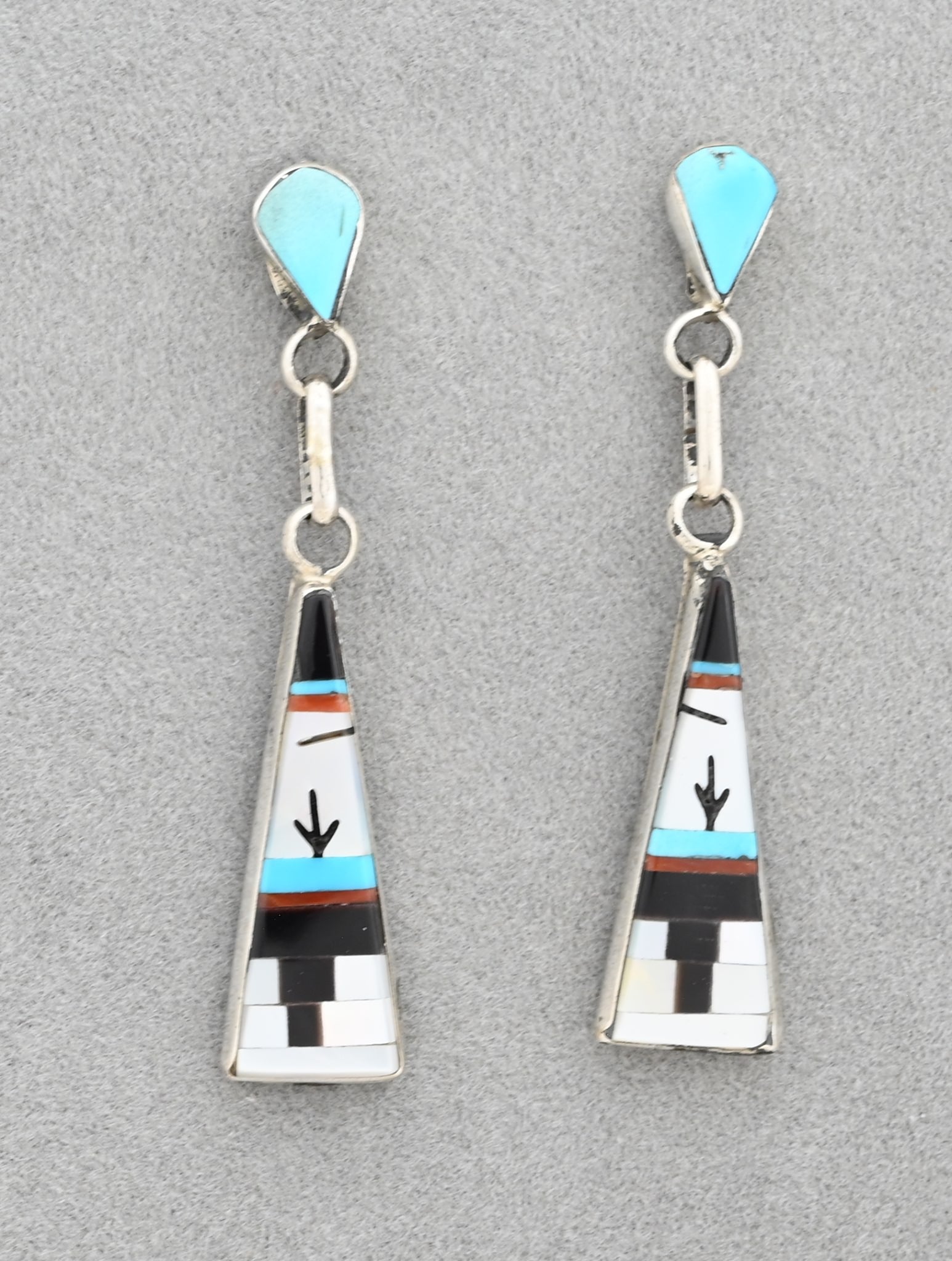 Zuni Inlay ER with post and drop, Turquoise/MOP/Onyx/Coral by Jason Bobelu