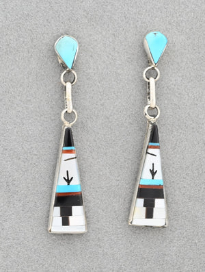 Zuni Inlay ER with post and drop, Turquoise/MOP/Onyx/Coral by Jason Bobelu