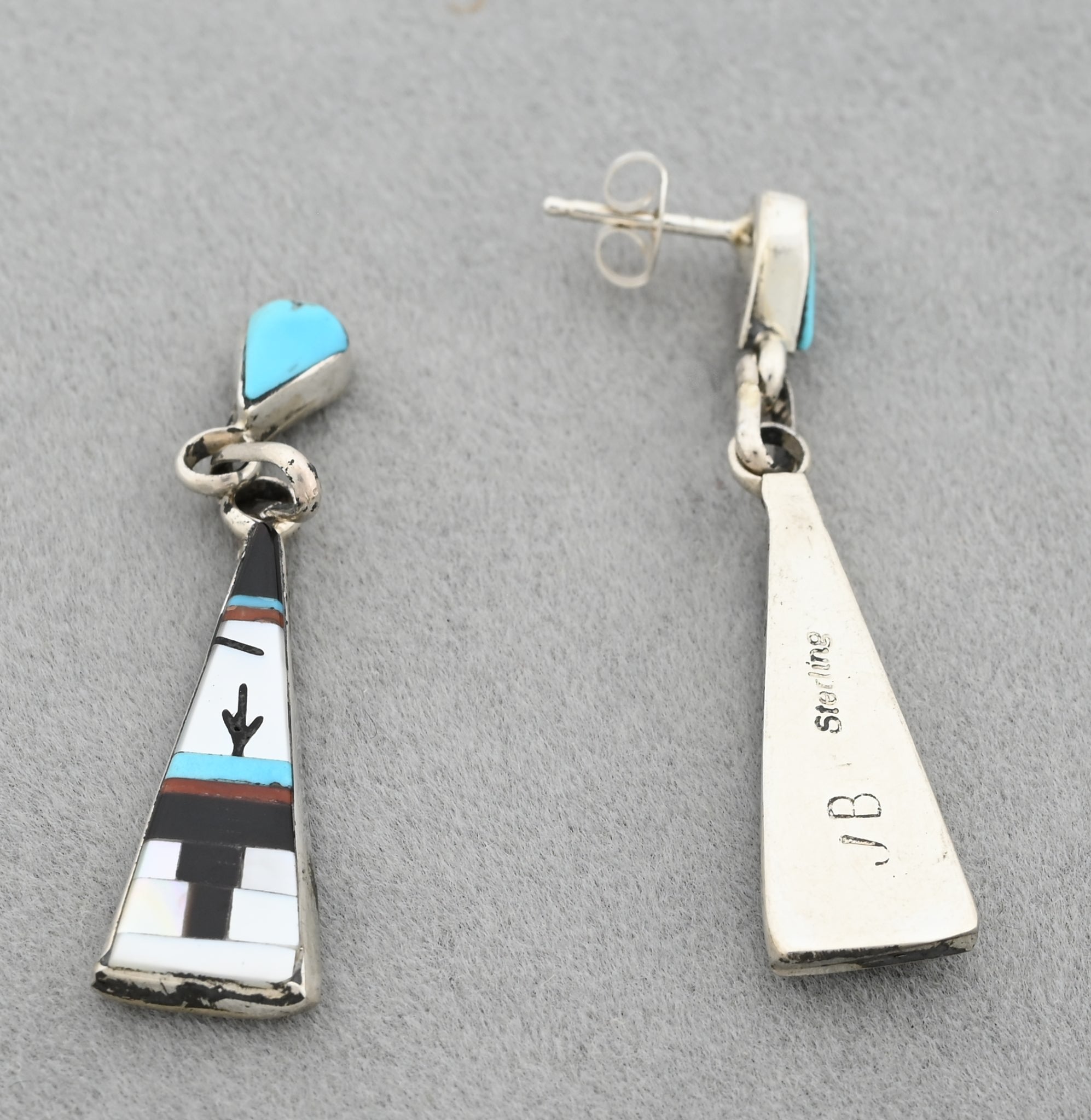 Zuni Inlay ER with post and drop, Turquoise/MOP/Onyx/Coral by Jason Bobelu