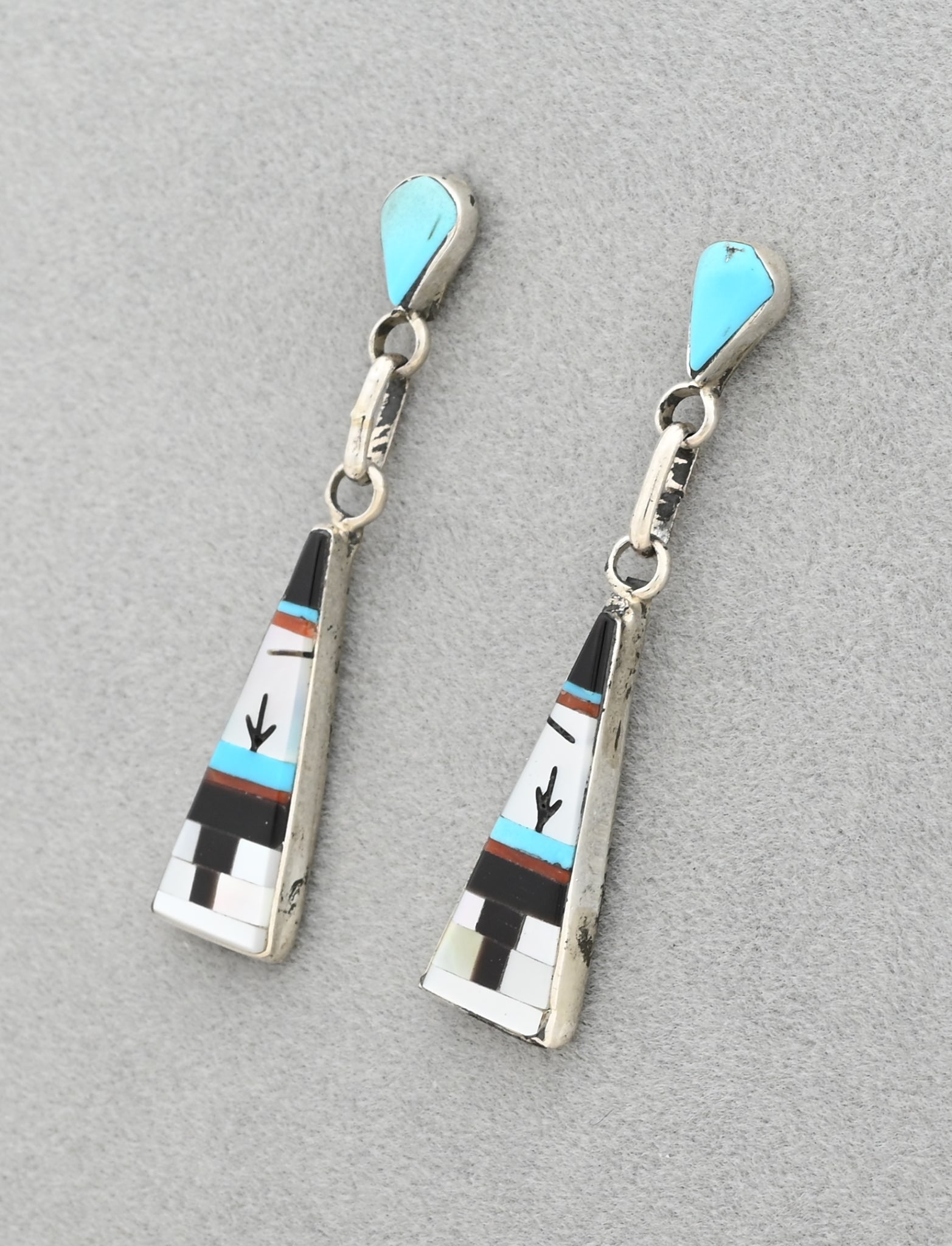 Zuni Inlay ER with post and drop, Turquoise/MOP/Onyx/Coral by Jason Bobelu