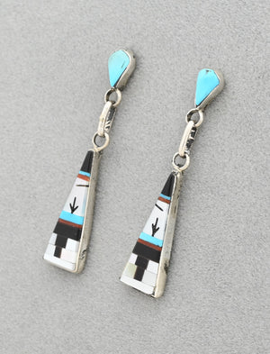Zuni Inlay ER with post and drop, Turquoise/MOP/Onyx/Coral by Jason Bobelu