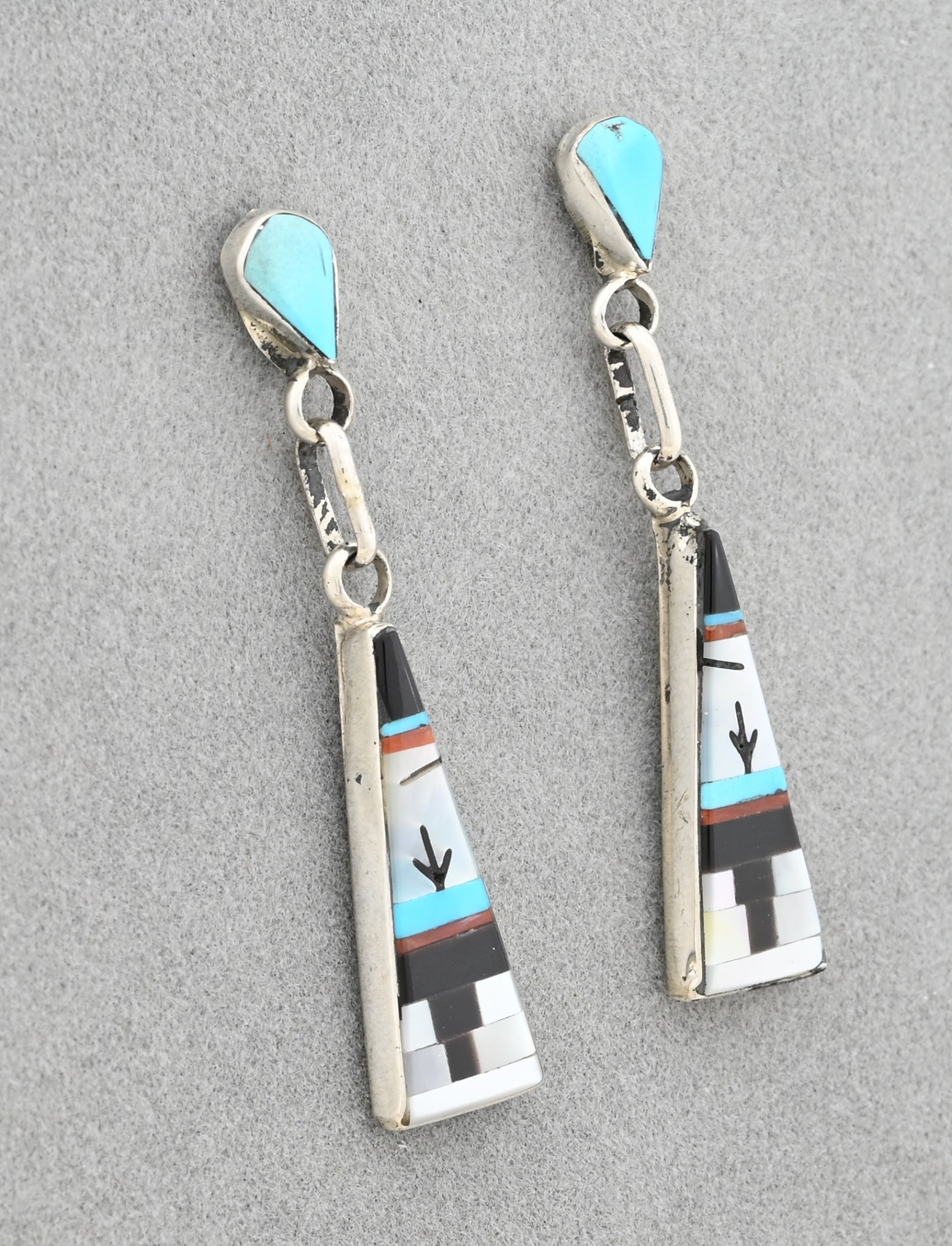 Zuni Inlay ER with post and drop, Turquoise/MOP/Onyx/Coral by Jason Bobelu