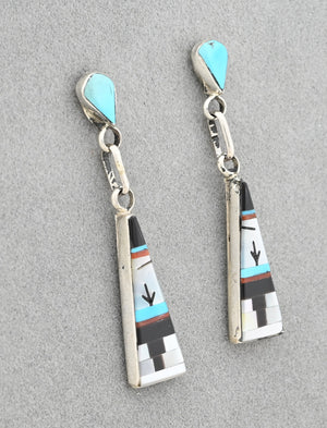 Zuni Inlay ER with post and drop, Turquoise/MOP/Onyx/Coral by Jason Bobelu