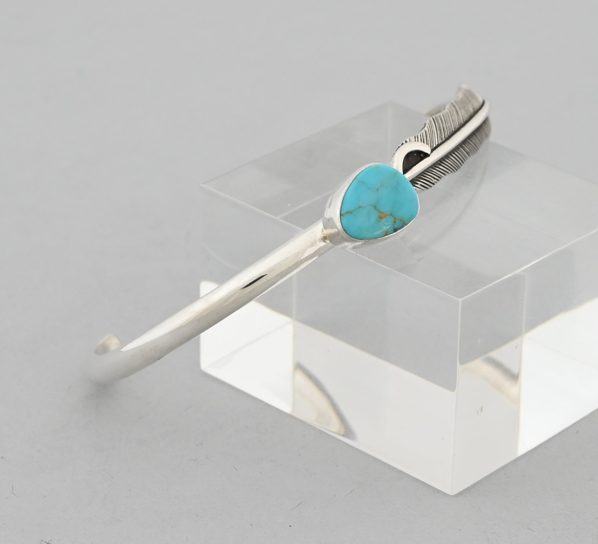 Bracelet with Feather and Kingman Turquoise by Raymond Coriz