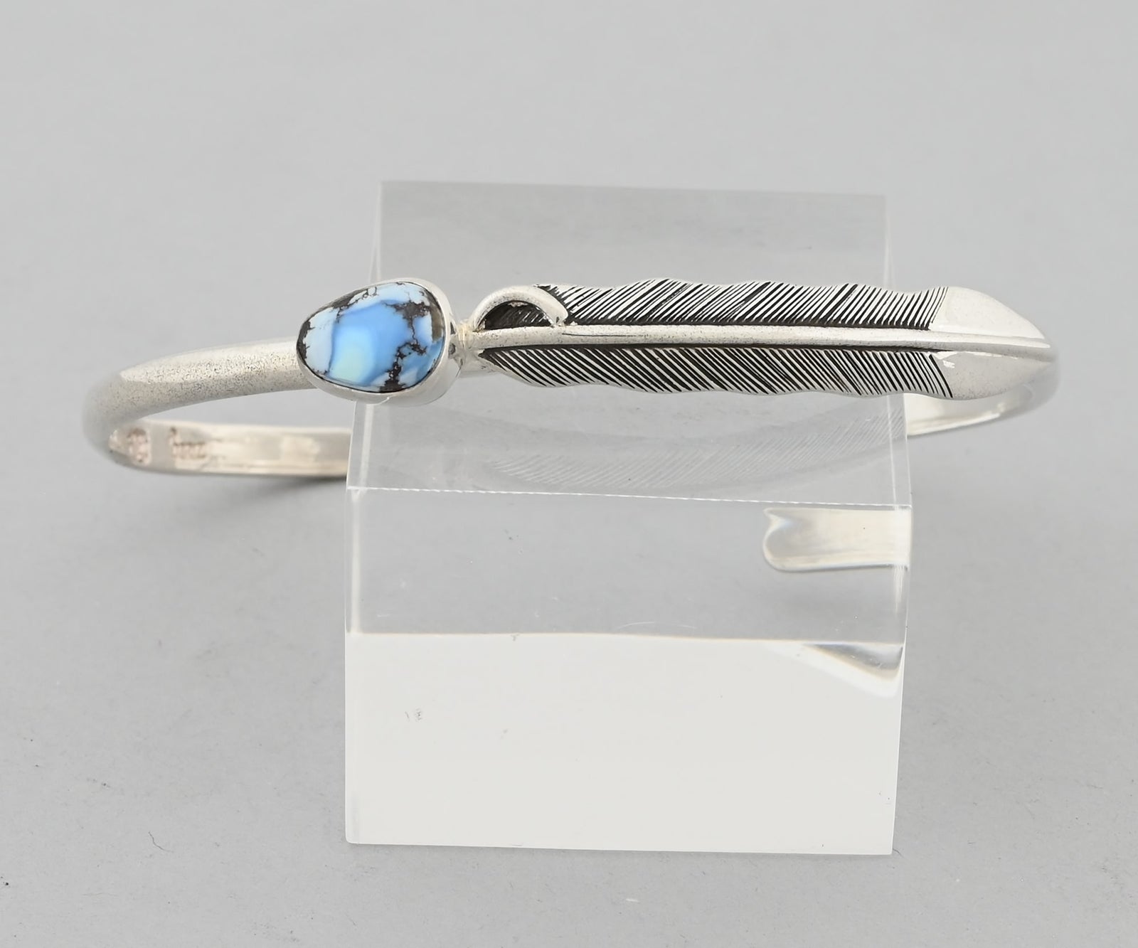 Bracelet with Feather and Golden Hills Turquoise by Raymond Coriz