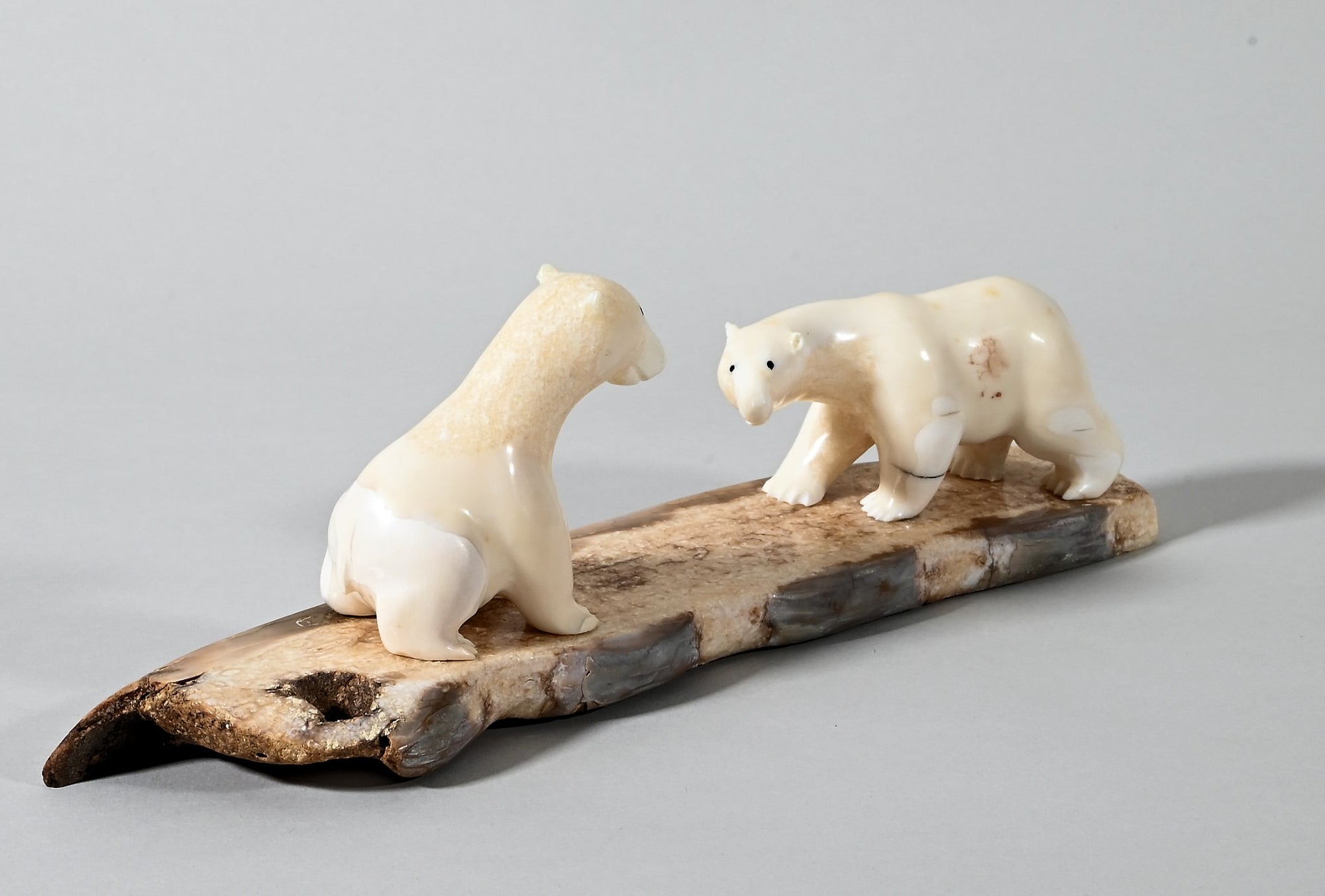 Two Polar Bears on Sled Runner Artifact by Carl Pelowook Jr.