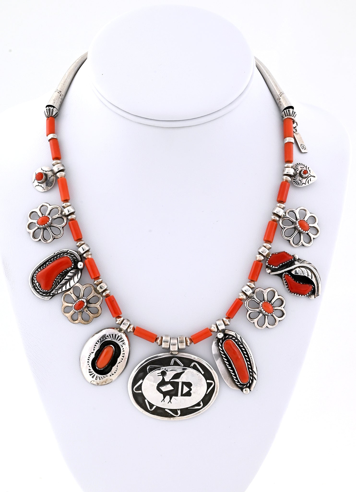 Necklace with Coral and Silver Charms