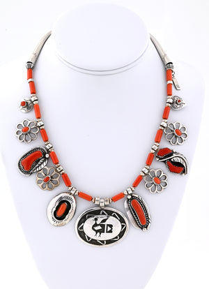 Necklace with Coral and Silver Charms