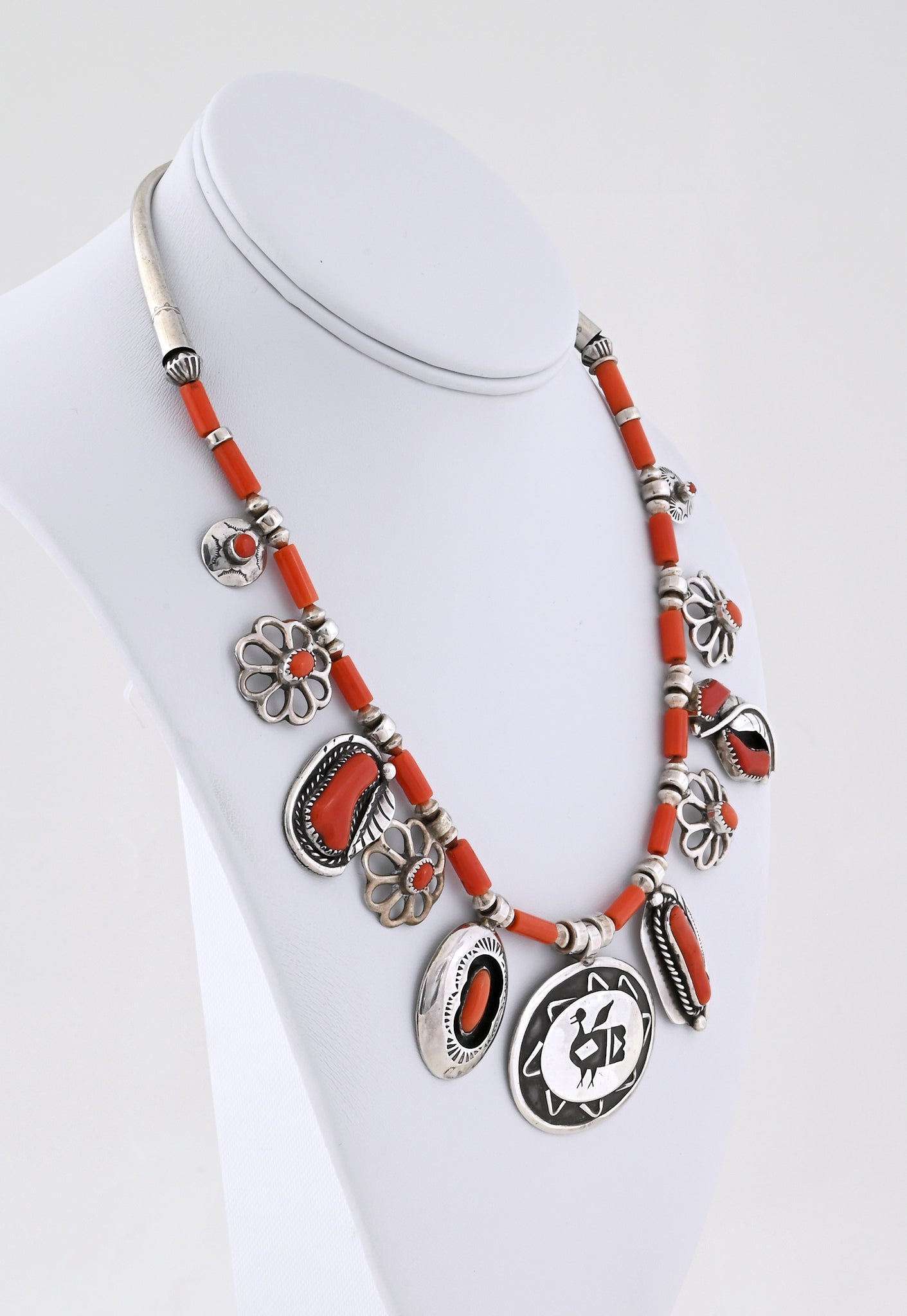 Necklace with Coral and Silver Charms