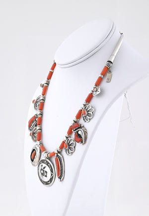 Necklace with Coral and Silver Charms