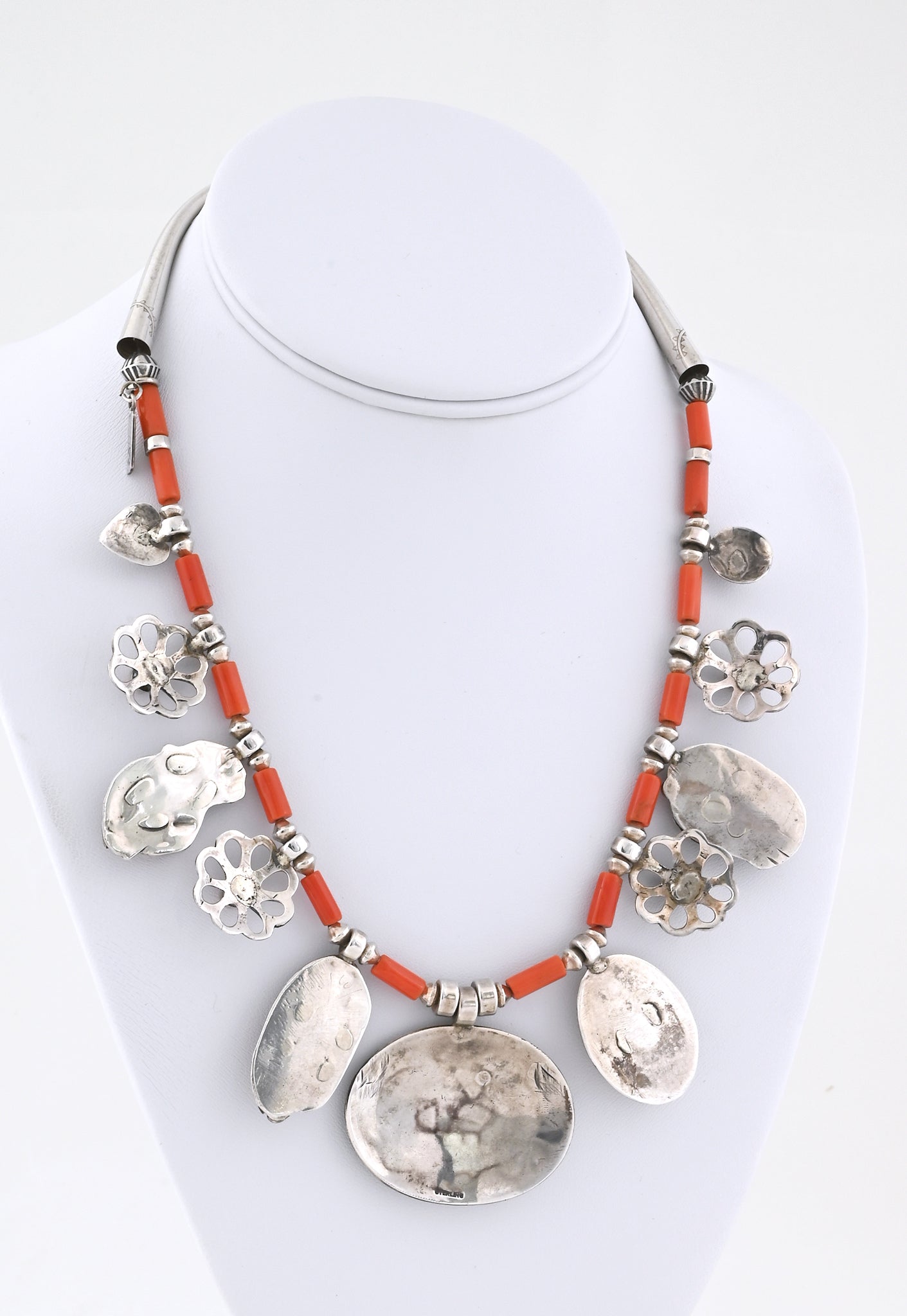 Necklace with Coral and Silver Charms