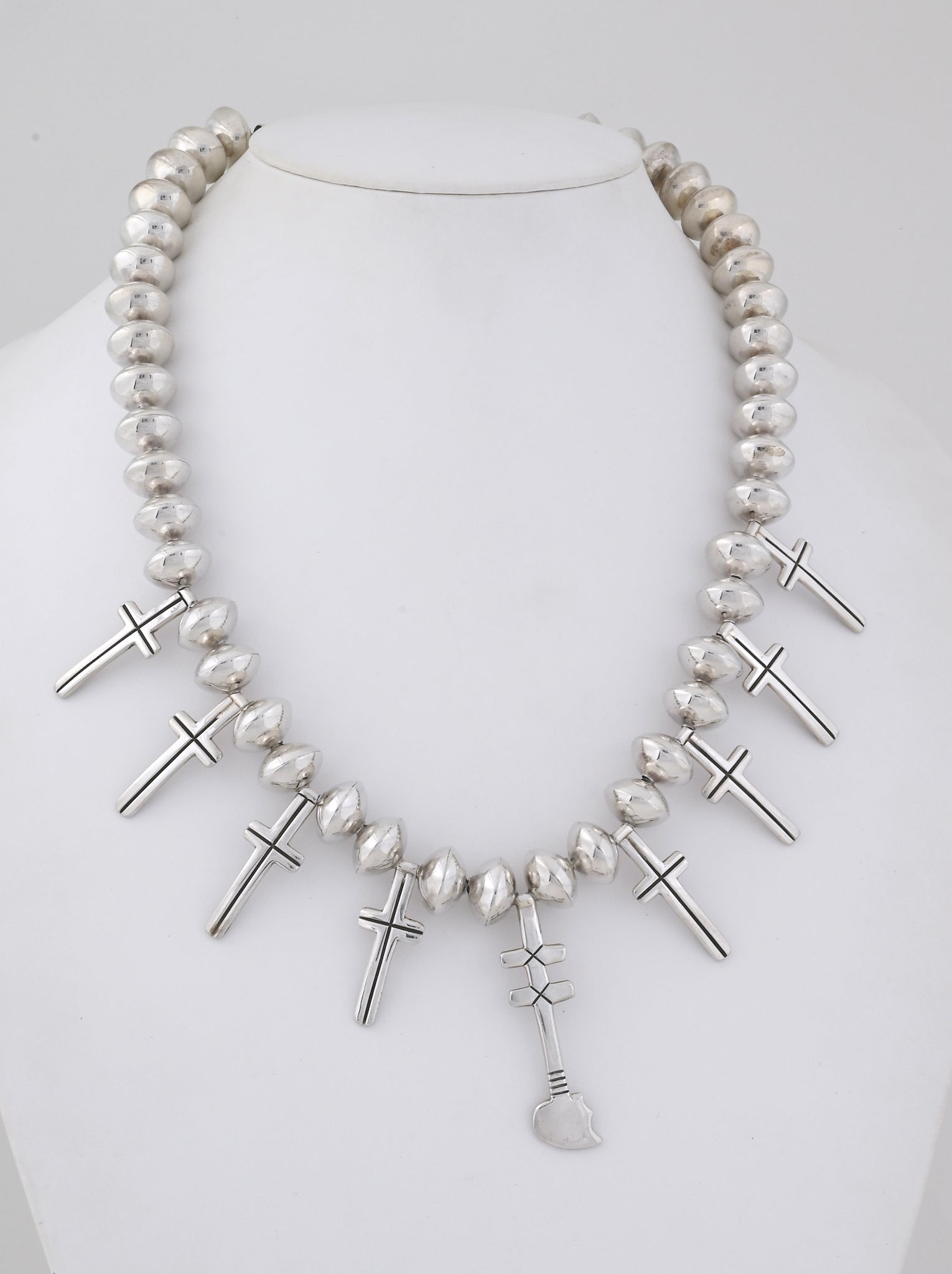 Silver cross and silver bead necklace w/Sacred Heart central element; 25" long w/16mm Beads