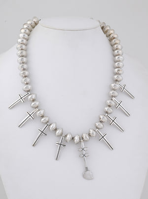 Silver cross and silver bead necklace w/Sacred Heart central element; 25" long w/16mm Beads