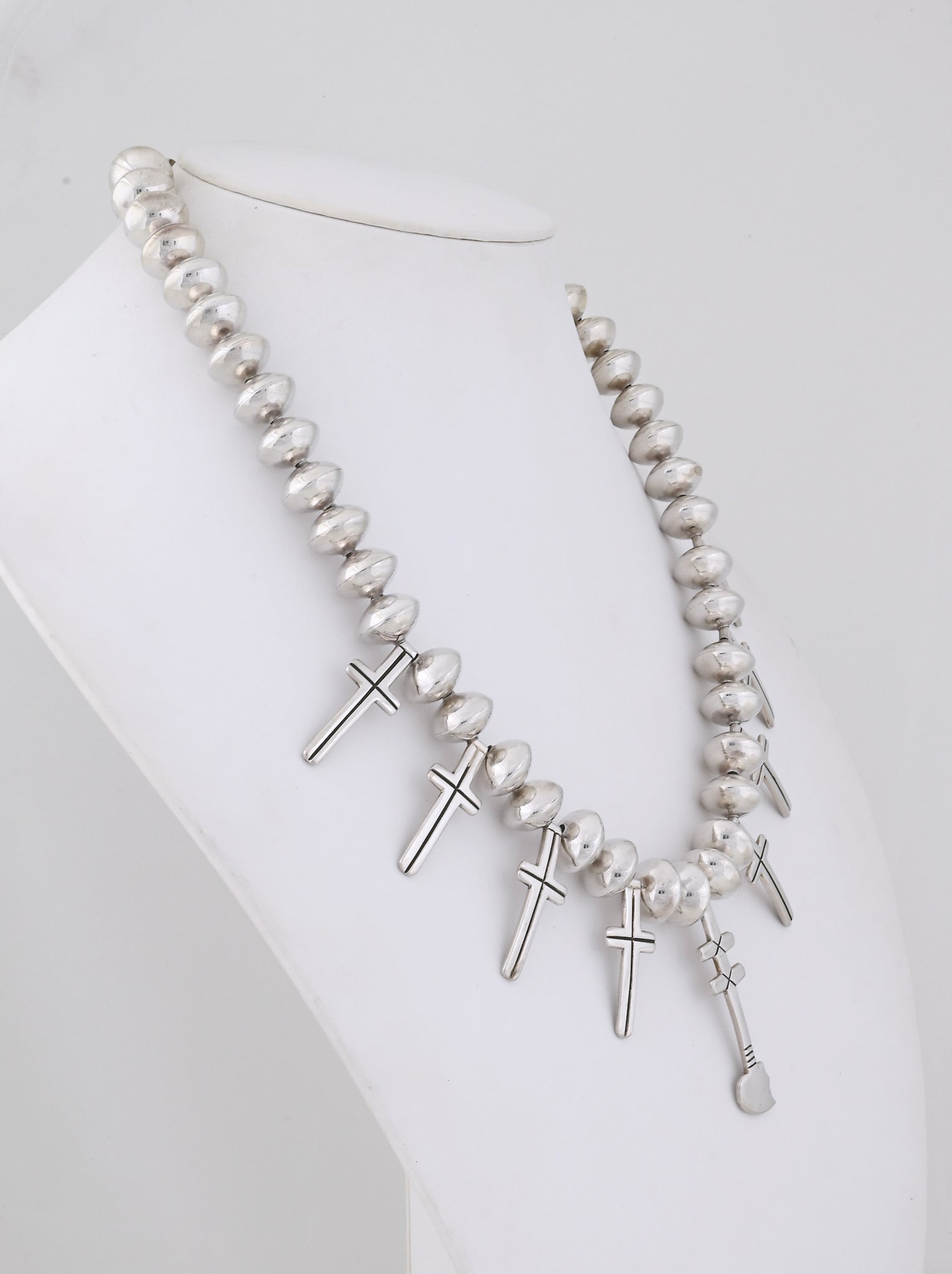 Silver cross and silver bead necklace w/Sacred Heart central element; 25" long w/16mm Beads