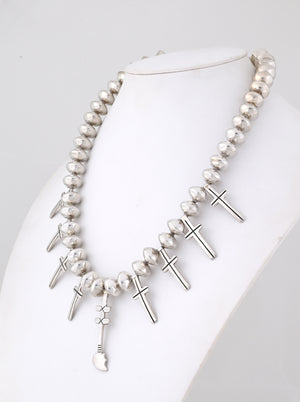 Silver cross and silver bead necklace w/Sacred Heart central element; 25" long w/16mm Beads