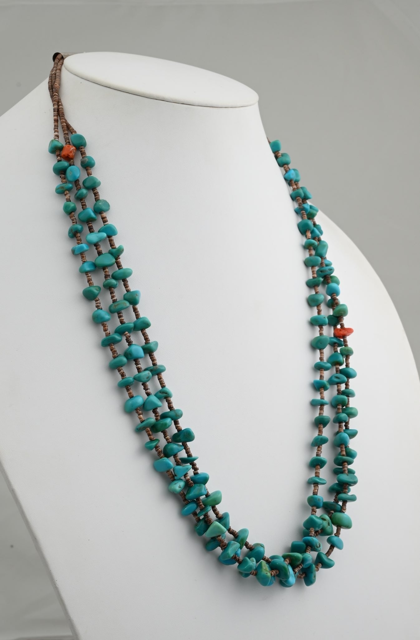 Necklace, Three-strand with Turquoise Nuggets; Vintage