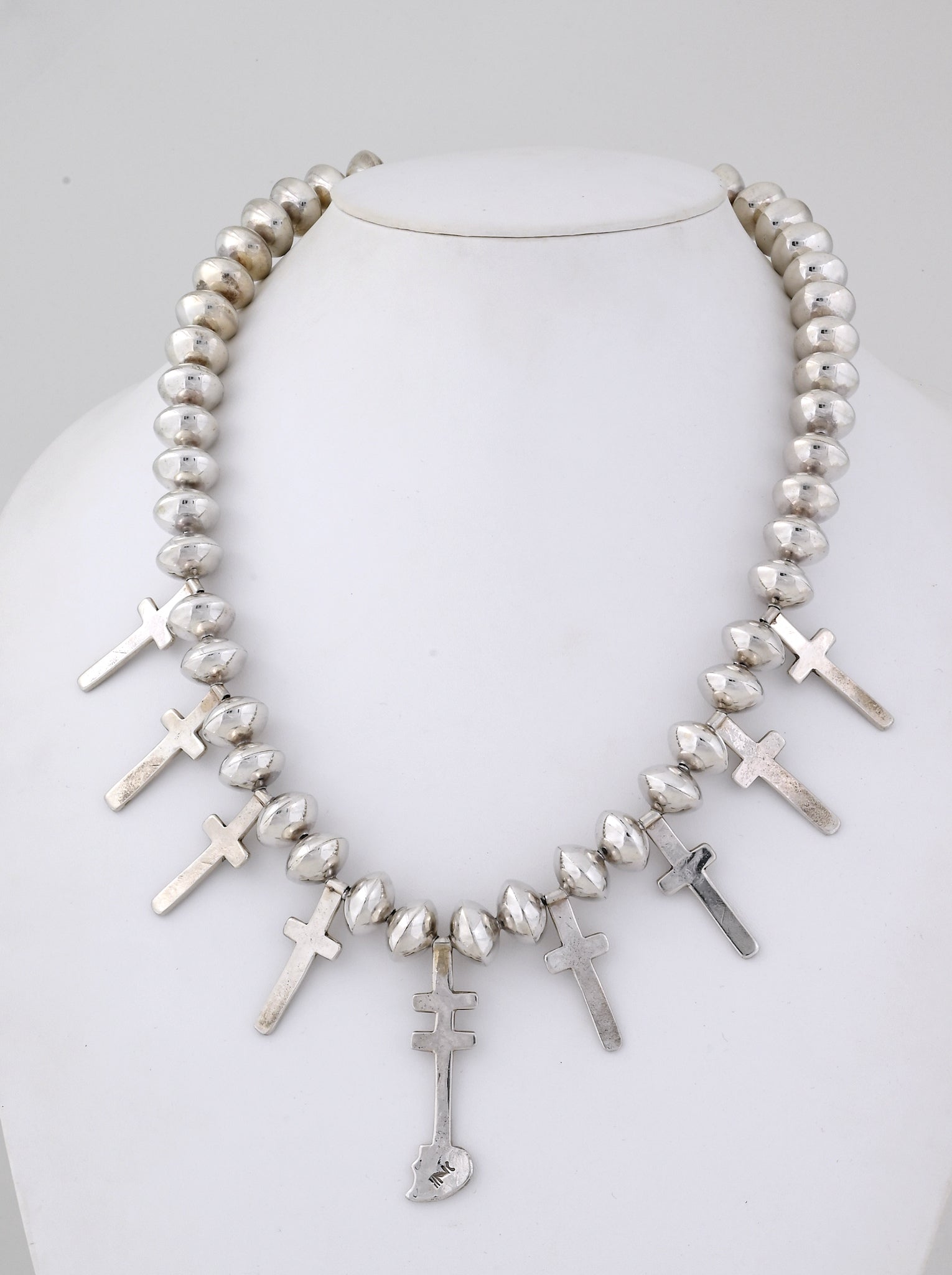 Silver cross and silver bead necklace w/Sacred Heart central element; 25" long w/16mm Beads