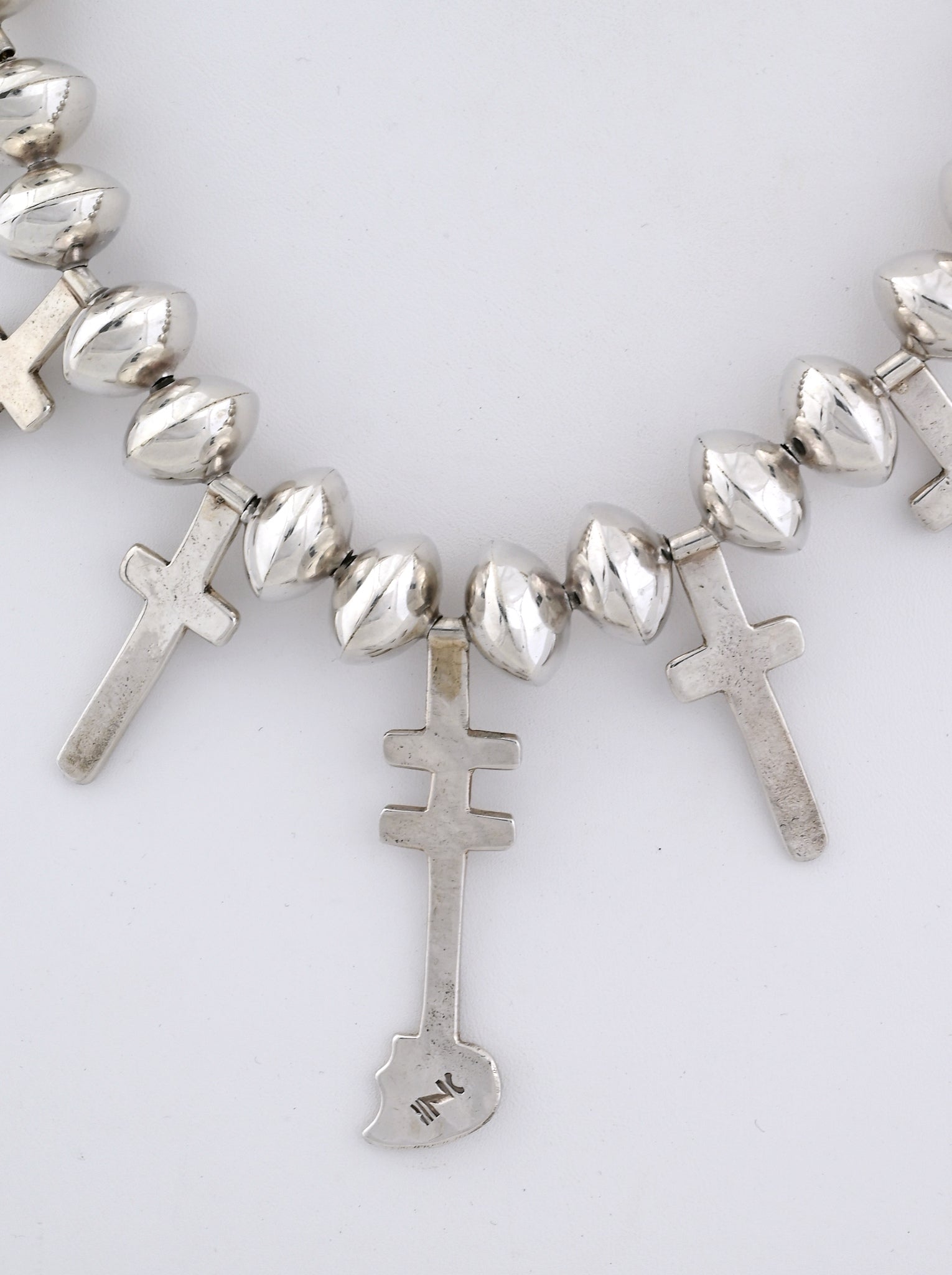 Silver cross and silver bead necklace w/Sacred Heart central element; 25" long w/16mm Beads