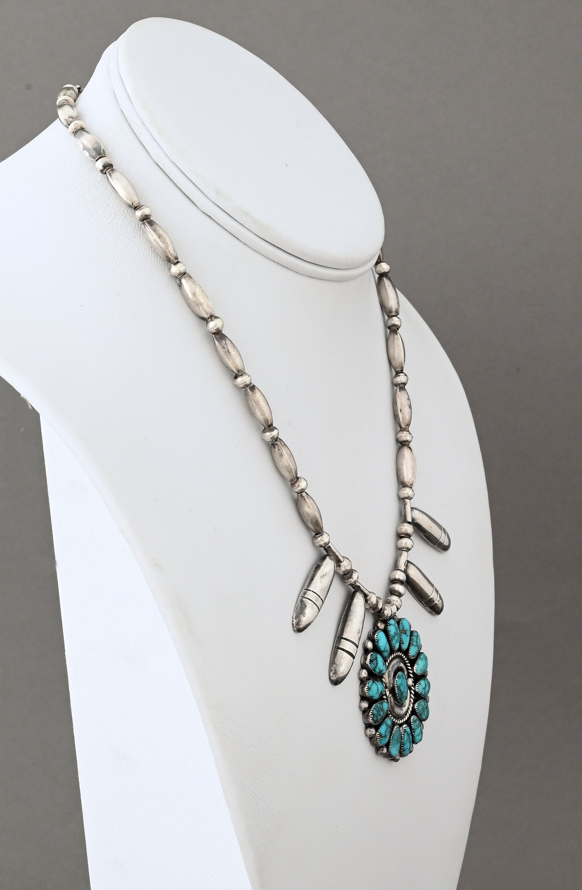 Choker Necklace with Silver Tabs and Turquoise Cluster Rosette (Navajo)