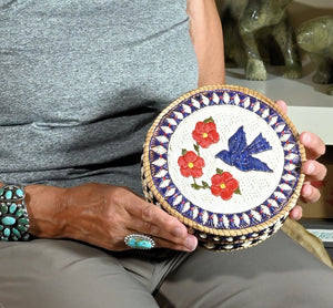 Quill Box with Blue Bird and Three Red Flowers by Unknown (Anishinaabe)