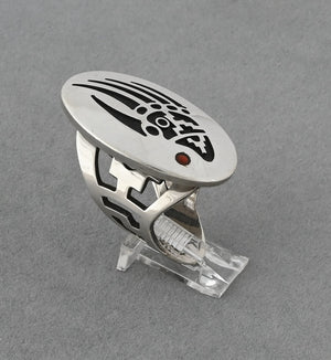 Hopi Overlay Ring with Badger Paw by Bobby Sekakuku