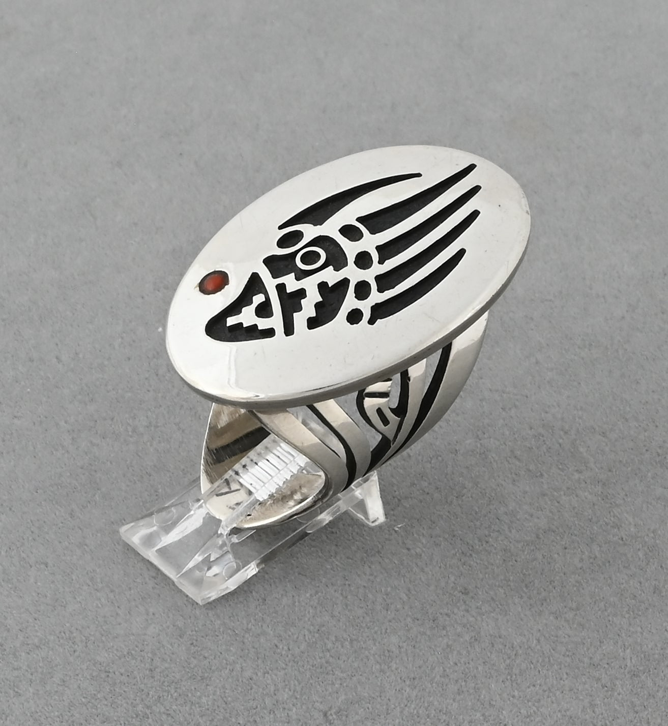 Hopi Overlay Ring with Badger Paw by Bobby Sekakuku