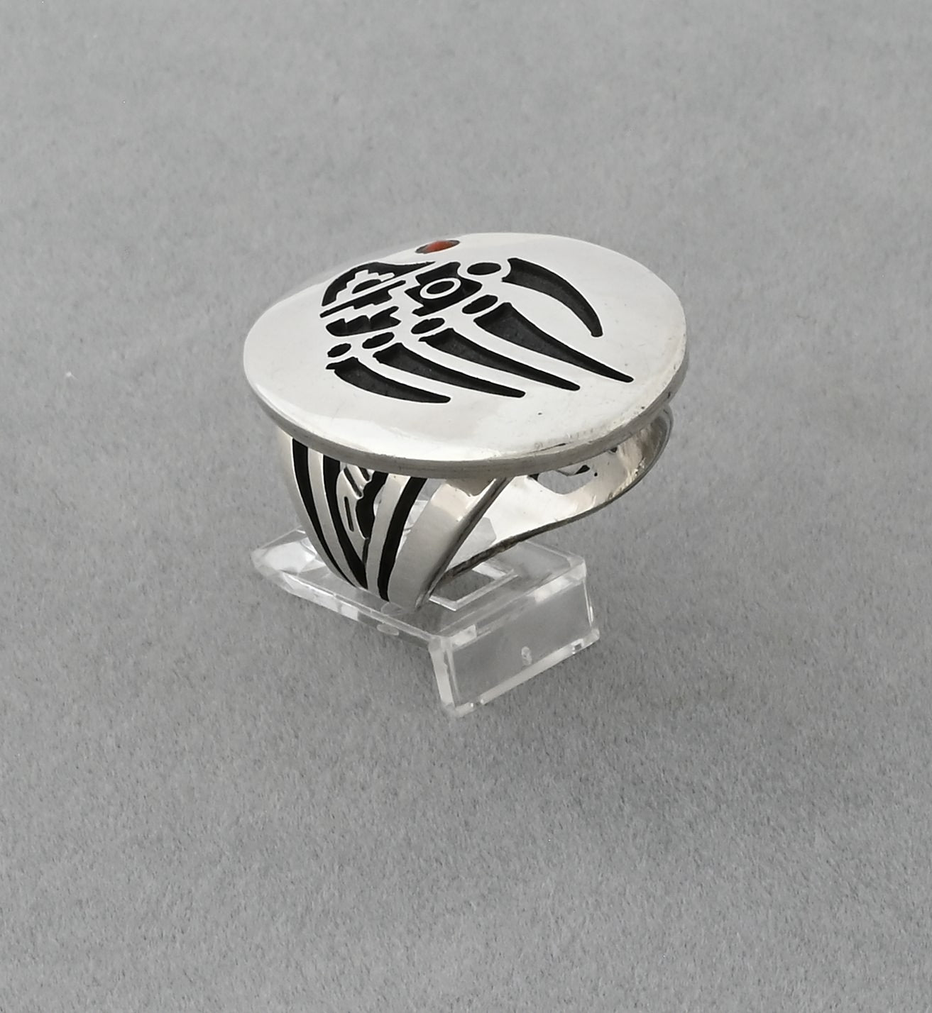 Hopi Overlay Ring with Badger Paw by Bobby Sekakuku