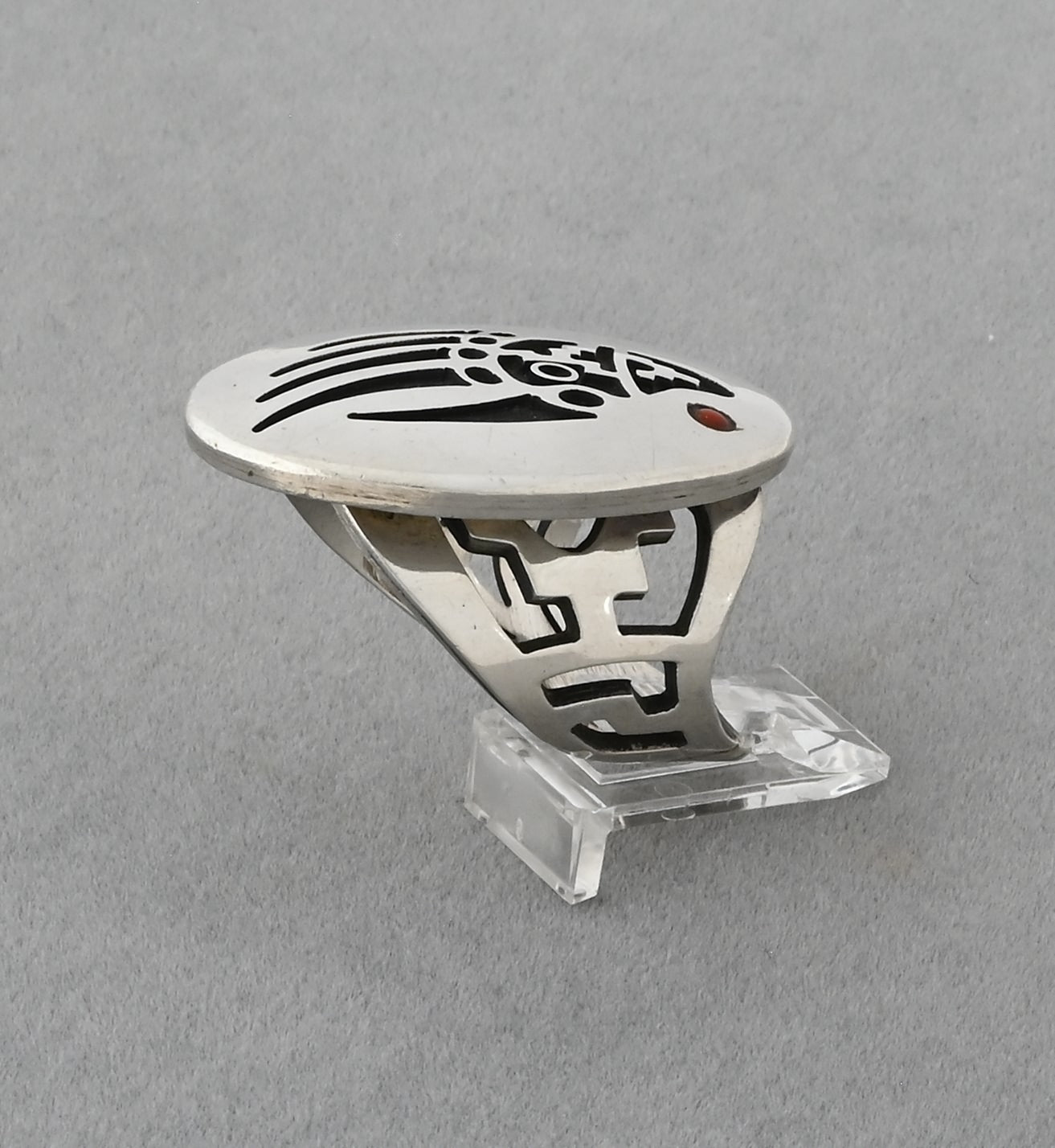 Hopi Overlay Ring with Badger Paw by Bobby Sekakuku