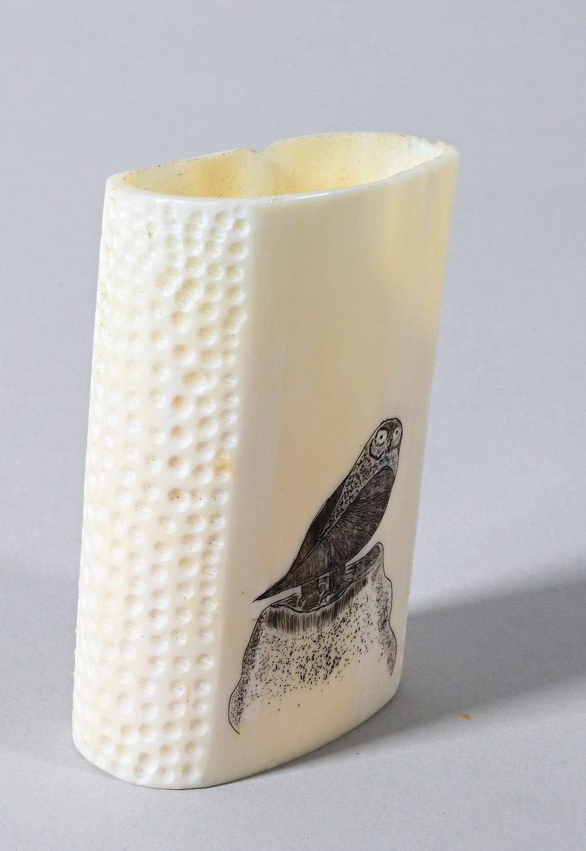 Snowy Owl/Grey Owl Scrimshaw by Alvin Aningayou