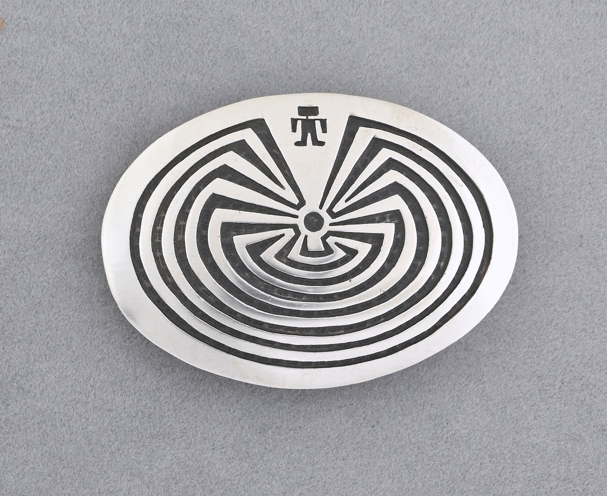 Belt Buckle with Man in the Maze by Alvin Sosolde (Pima)