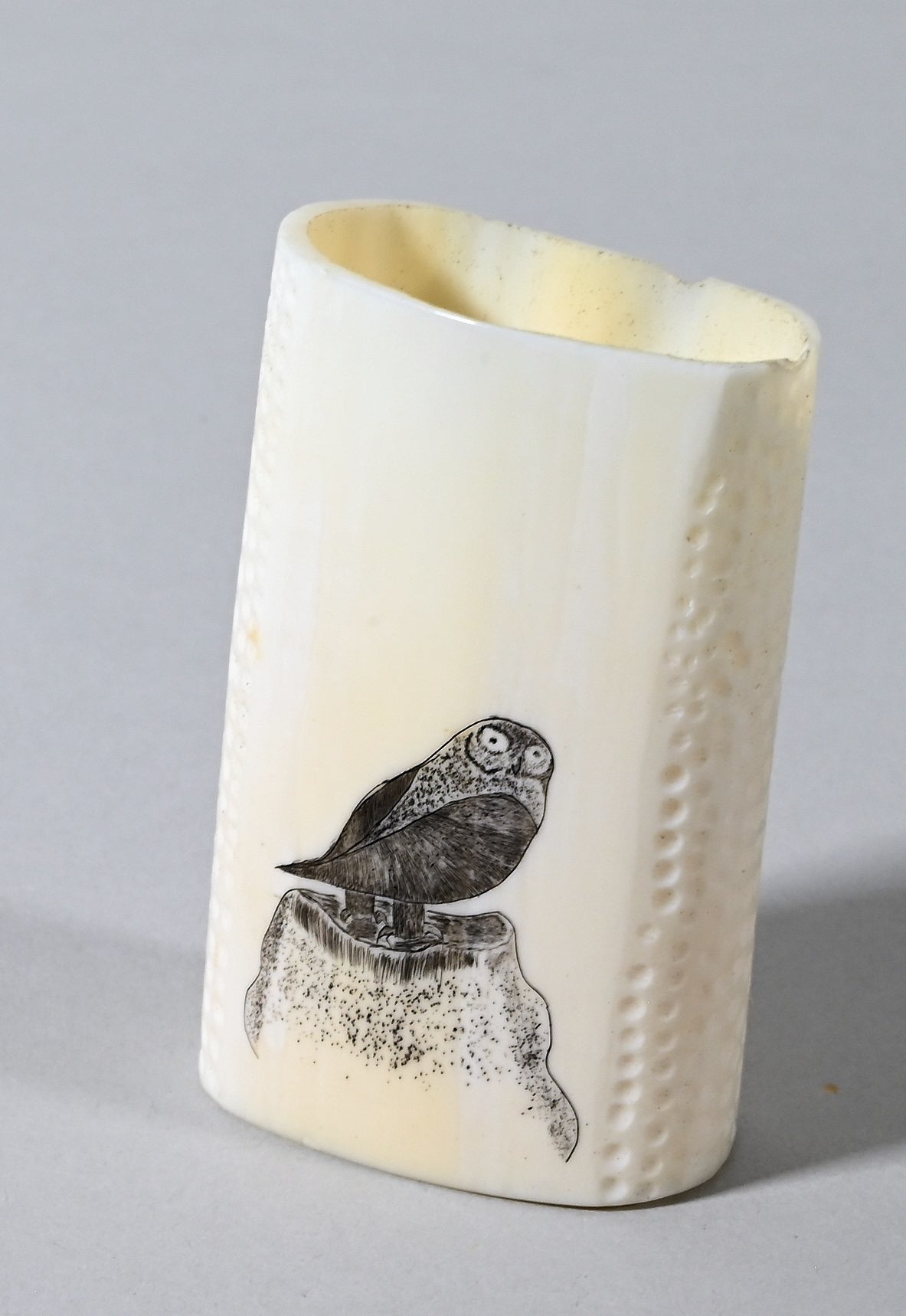 Snowy Owl/Grey Owl Scrimshaw by Alvin Aningayou