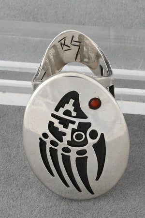Hopi Overlay Ring with Badger Paw by Bobby Sekakuku