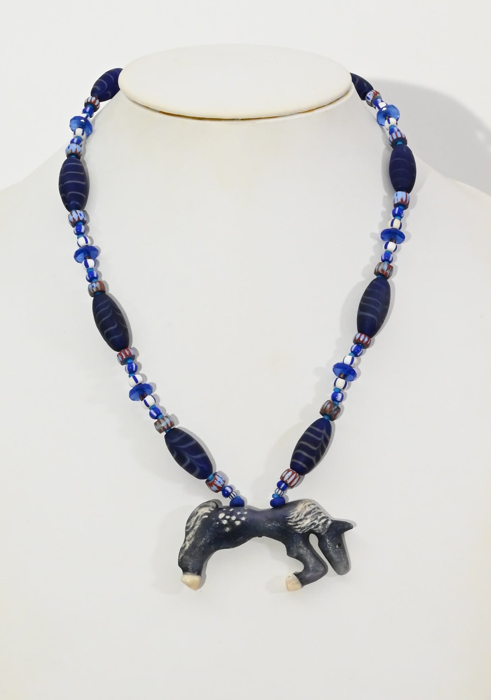 Necklace, with Blue Horse Pendant by Linda Lee Courtney; 23" long
