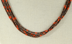 Heishi Necklace with Olive Shell and Red Coral