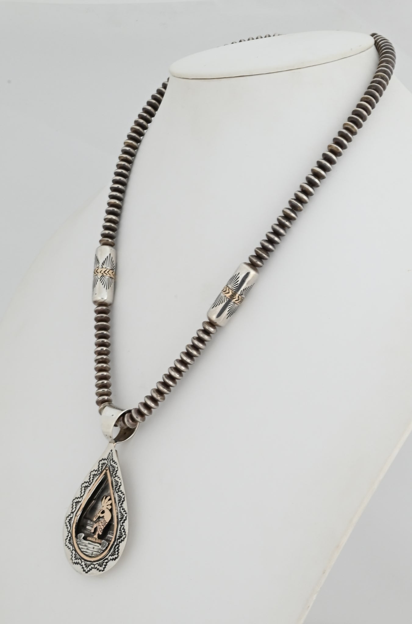 Sterling Silver Bead Necklace with Barrels that have 14K gold, possibly Ray Tafoya, 23" long