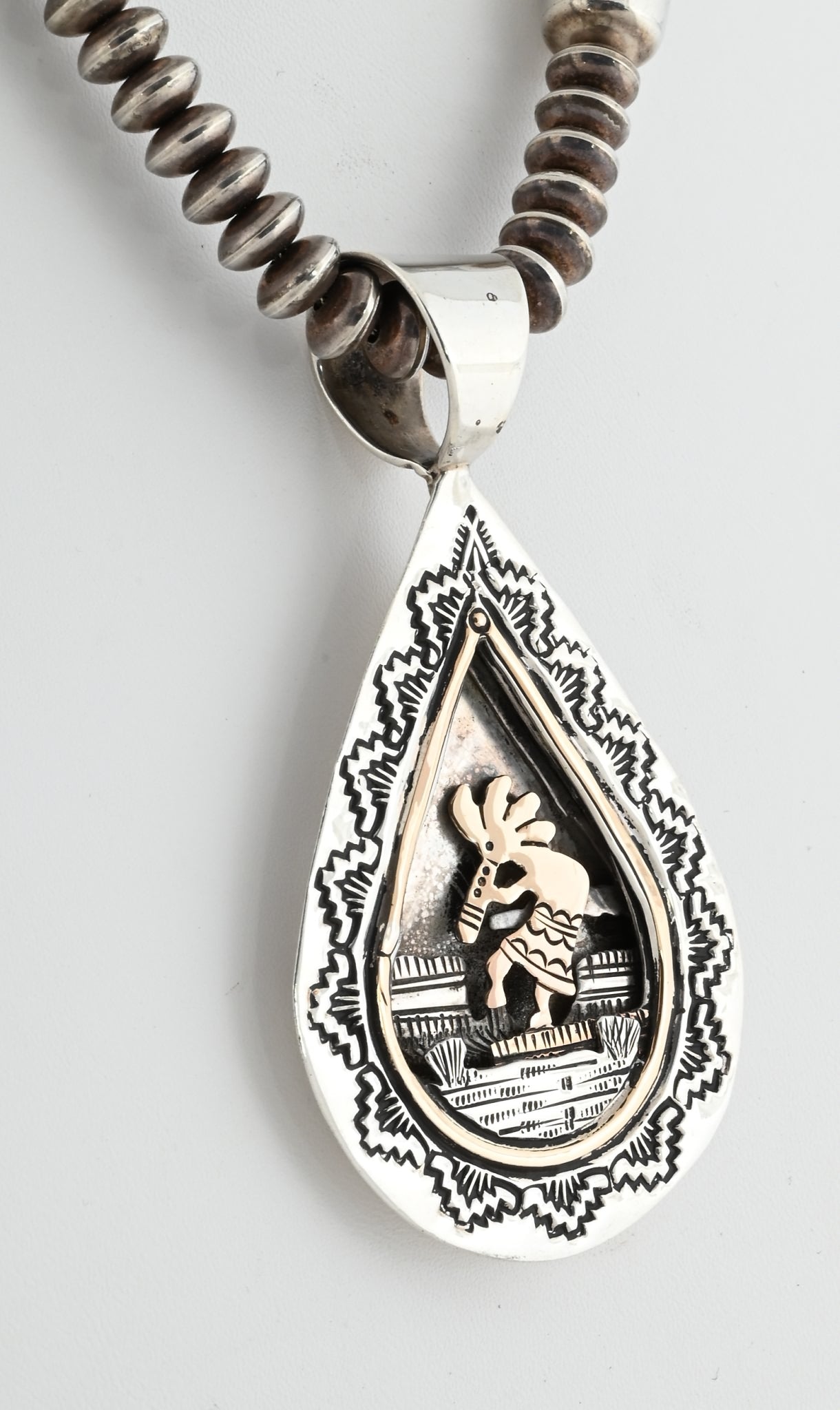 Sterling and 14K Gold Kokopelli Pendant in Shadowbox Setting by Alvin Monte 3" high x 1.75" wide with large bale