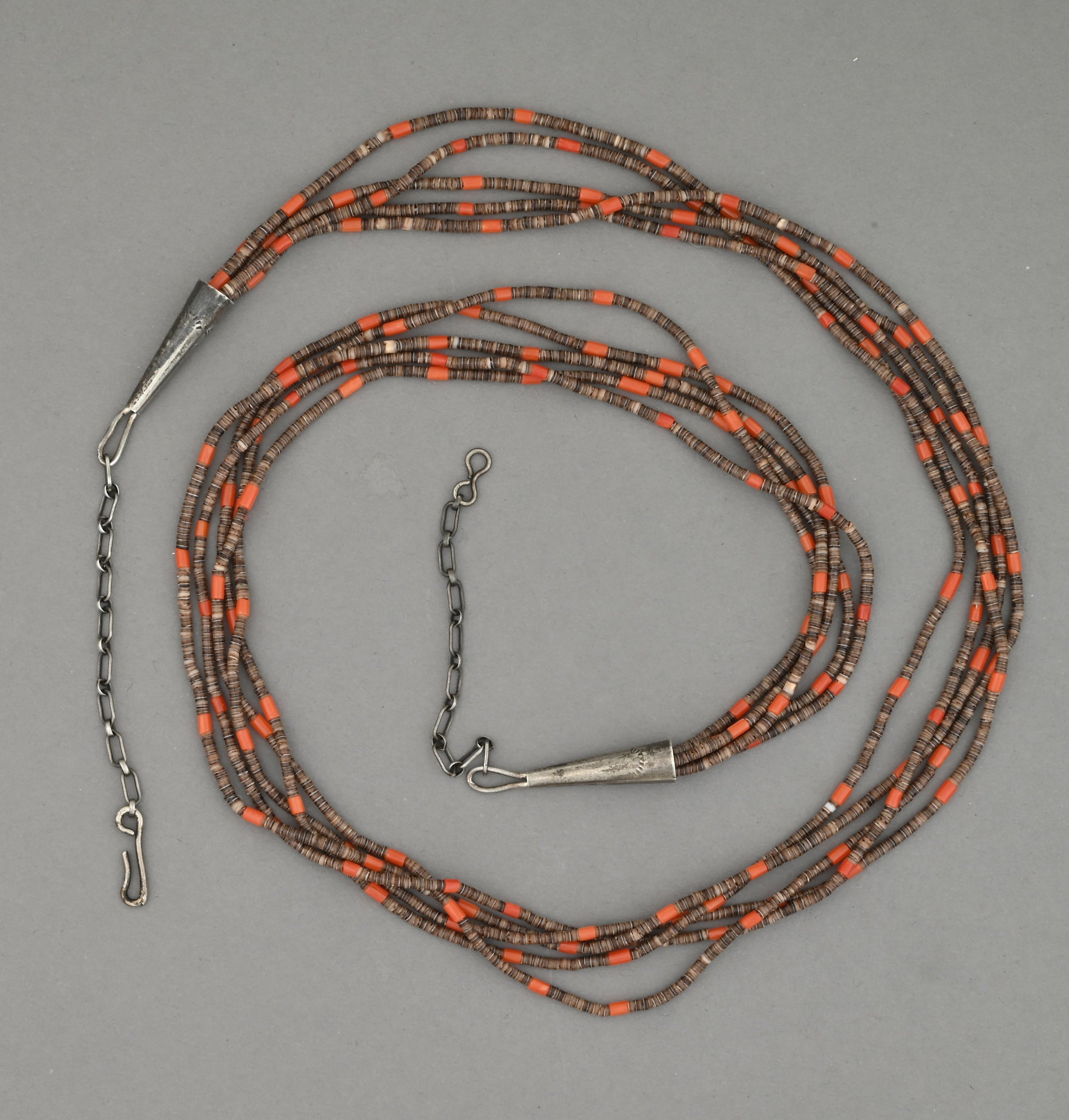 Heishi Necklace with Olive Shell and Red Coral