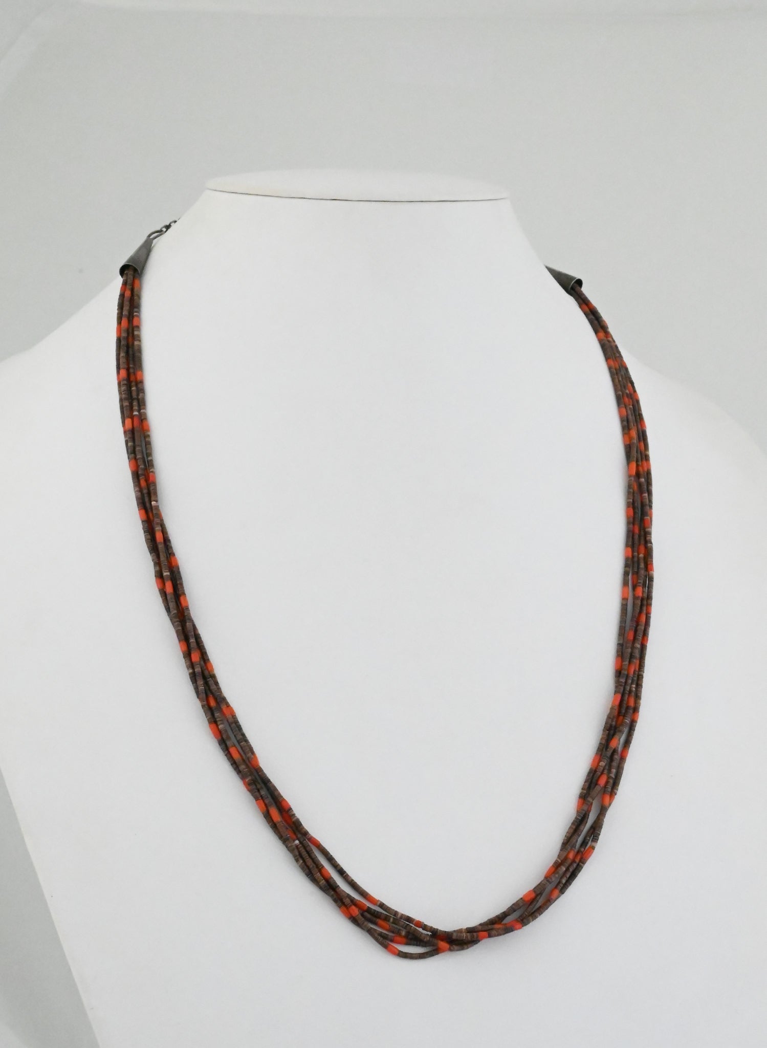 Heishi Necklace with Olive Shell and Red Coral