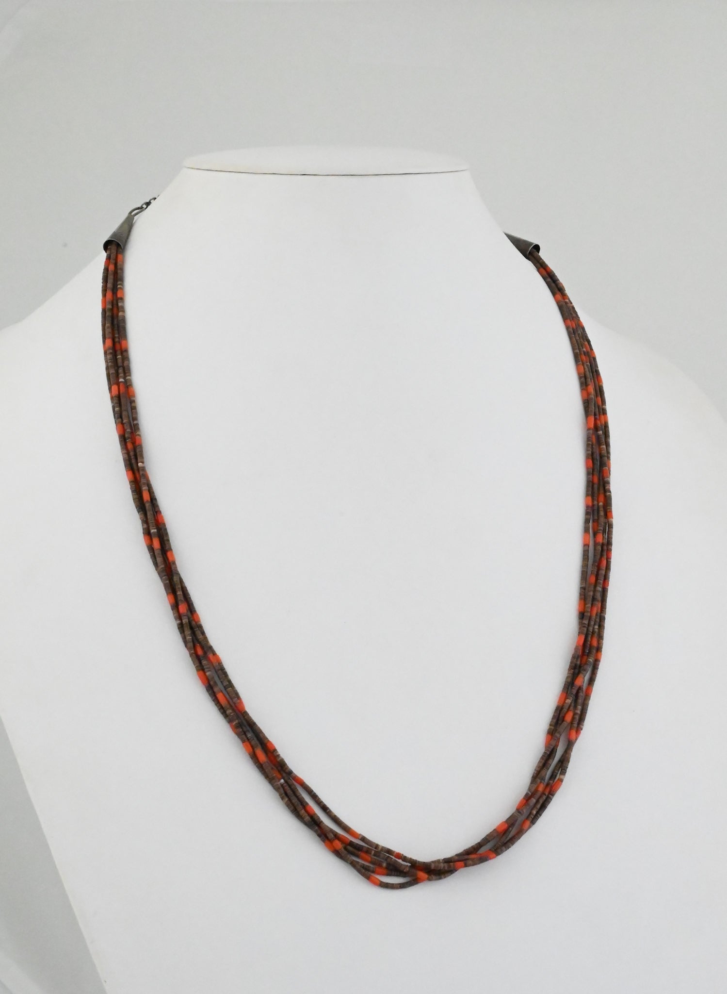 Heishi Necklace with Olive Shell and Red Coral