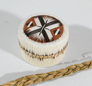 Vintage Anishinaabe Quill Box with Black and White Feather Motif