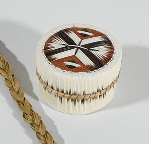 Vintage Anishinaabe Quill Box with Black and White Feather Motif