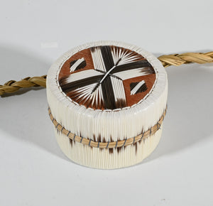 Vintage Anishinaabe Quill Box with Black and White Feather Motif