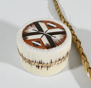 Vintage Anishinaabe Quill Box with Black and White Feather Motif