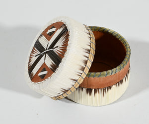 Vintage Anishinaabe Quill Box with Black and White Feather Motif