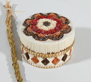 Vintage Anishinaabe Quill Box with Tufted Floral design by Lorraine Besito