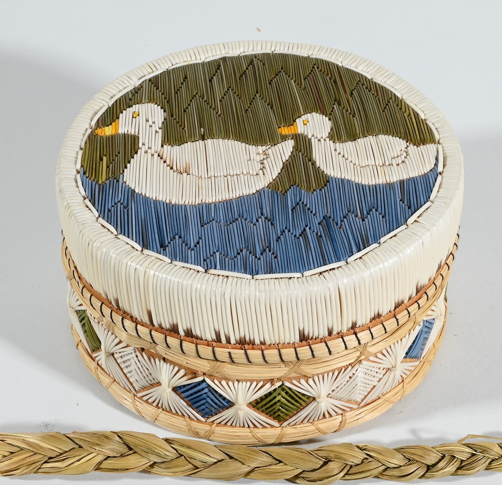 Vintage Anishinaabe Quill Box by Angeline Pitawanakwat with Two White Ducks